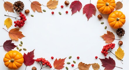 Fototapeta premium Autumnal flat lay with pumpkins leaves and berries on white background