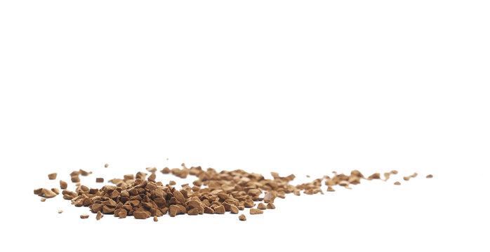 Instant coffee granules, soluble coffee isolated white clipping, side view