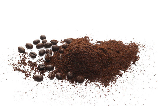 Coffee powder and beans isolated on white background, side view