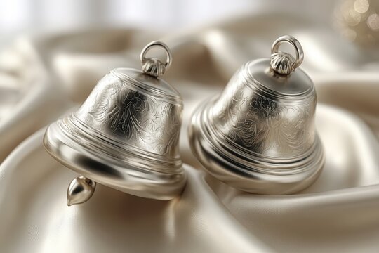 Elegant silver wedding bells in a romantic scene, soft focus on reflective metal