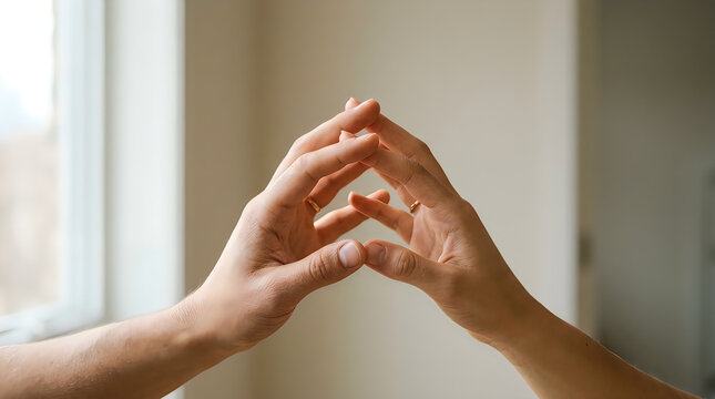 Close-up of a couple's hands gently touching, fingers intertwined with a wedding ring visible, conveying deep intimacy, love, and connection in a soft, natural indoor light near a window, symbolizing 