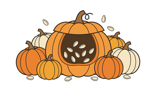 Large sliced pumpkin revealing internal seeds surrounded by smaller pumpkins of various colors and textures for harvest theme.