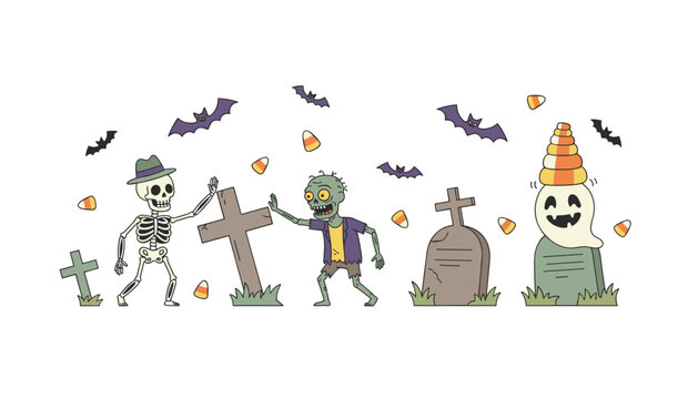 Animated Halloween graveyard scene featuring a skeleton in a hat and a zombie dancing beside tombstones and a ghost with candy.