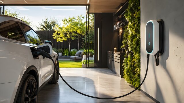 White electric car charging at a modern home garage wallbox station, eco-friendly lifestyle concept.