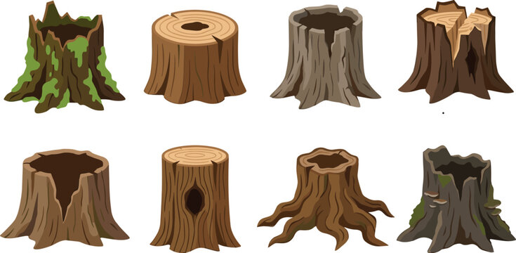 Cartoon Tree Stump Vector Set With Moss Wood Rings And Roots For Nature Design