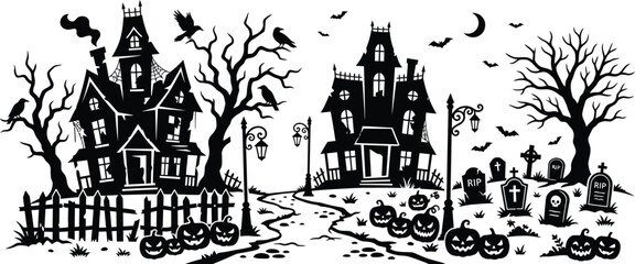 Fototapeta premium Spooky halloween scene with haunted houses bats and jack o' lanterns