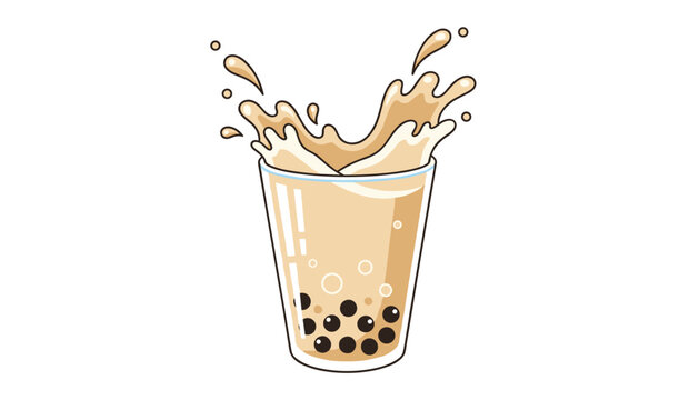 Refreshing iced milk bubble tea drink in a clear glass with splashing liquid and dark tapioca pearls at the bottom.