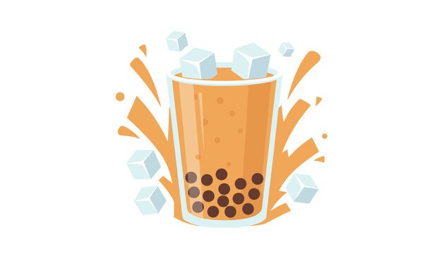 Vibrant iced bubble tea with orange liquid, floating ice cubes, and tapioca pearls splashing in a glass on a clean background.
