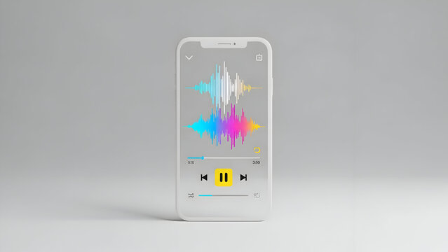 Smartphone displaying colorful music waveform on screen with pause button on a gray background