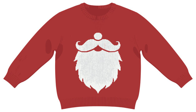 Red winter sweater illustration featuring a prominent large white knitted Santa beard pattern on the chest for holiday themed attire.