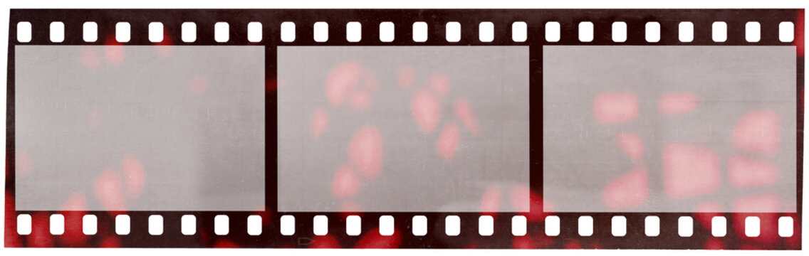 Blank 35mm Film Strip PNG with Red Light Leaks and Vintage Analog Texture