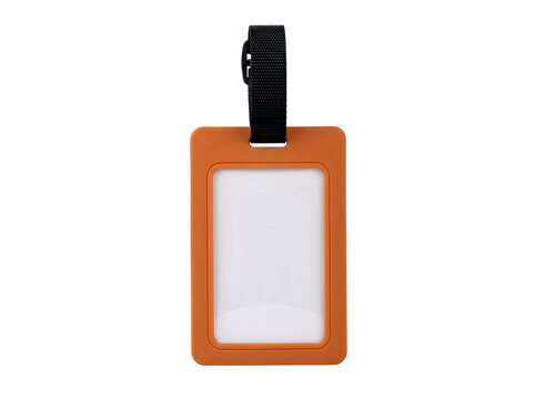 Bright orange luggage tag with a sturdy black strap for identifying personal travel bags and suitcases on transparent background