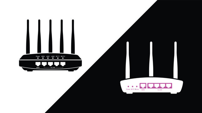 WiFi Router Icon Collection with Front and Rear Network Device Silhouettes in Flat Design