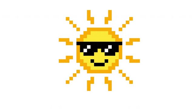 Pixel art sun with sunglass. Pixelated movie. 4K animation in retro 8 bit arcade game style with alpha channel