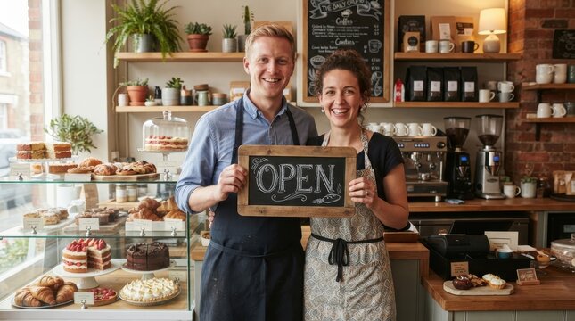 Friendly couple holding open sign in charming bakery
