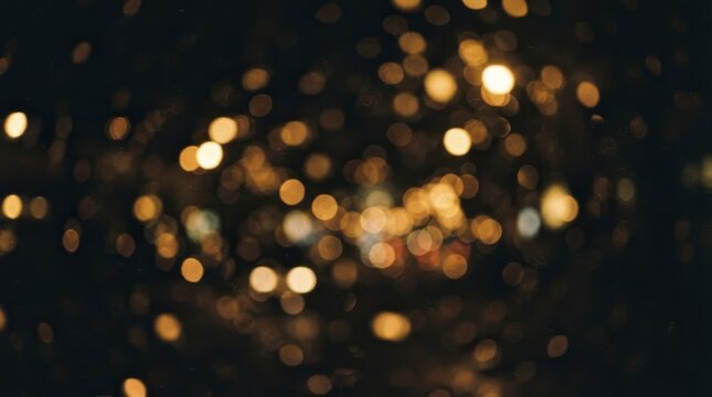 Abstract background of golden bokeh lights on a dark night, blurred city lights with a soft circular glow effect