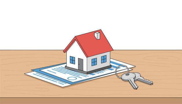 Detailed model house with a red roof placed on a contract on a wooden table with silver keys resting nearby.