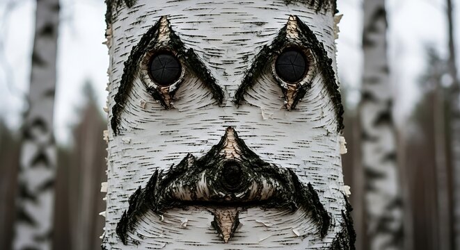 Birch tree with naturally formed face forest art and texture
