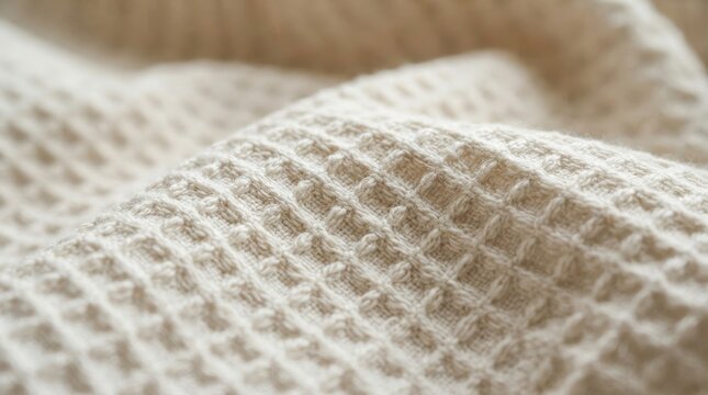 Closeup of soft beige waffle knit fabric texture