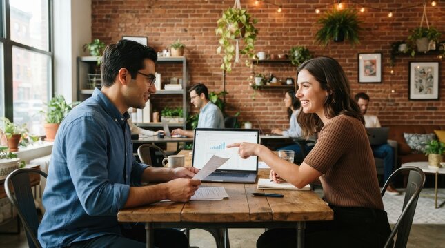 Professional colleagues collaborating on a business project in a modern office with brick walls and plants