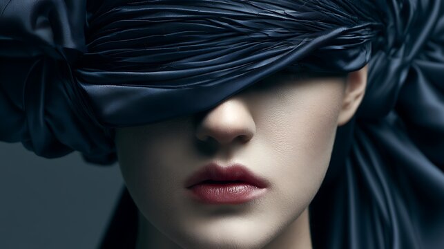 Prompt: A striking close-up fashion shot. A model wears a headpiece where dark navy silk satin is stretched tightly over an internal wire frame, pressing flat against her forehead and nose, 