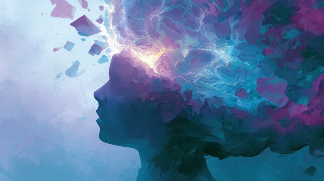 Conceptual digital painting of neural pathways morphing into symbolic landscapes around a calm silhouette