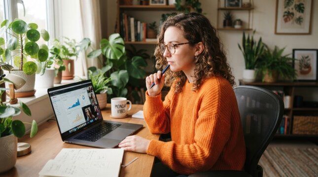 Focused woman working on a laptop with charts in a home office