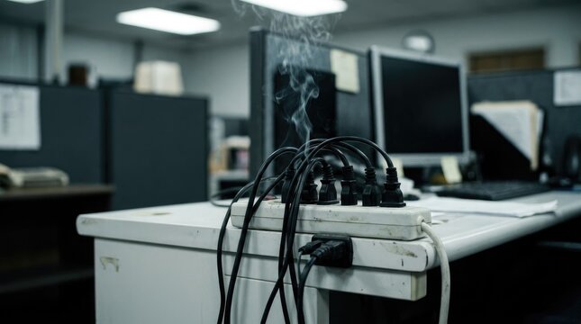Overloaded power strip fire in office setting with smoke and damaged electrical equipment