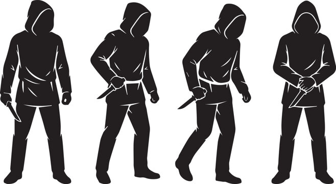 Silhouettes of four hooded figures with knives. Men in dark clothing with weapons.