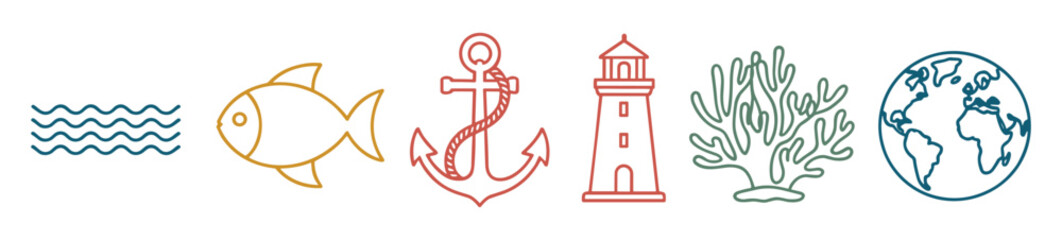 Minimalist linear icon set featuring ocean theme elements including water waves fish anchor lighthouse coral reef and planet earth sea life nautical © Chayan