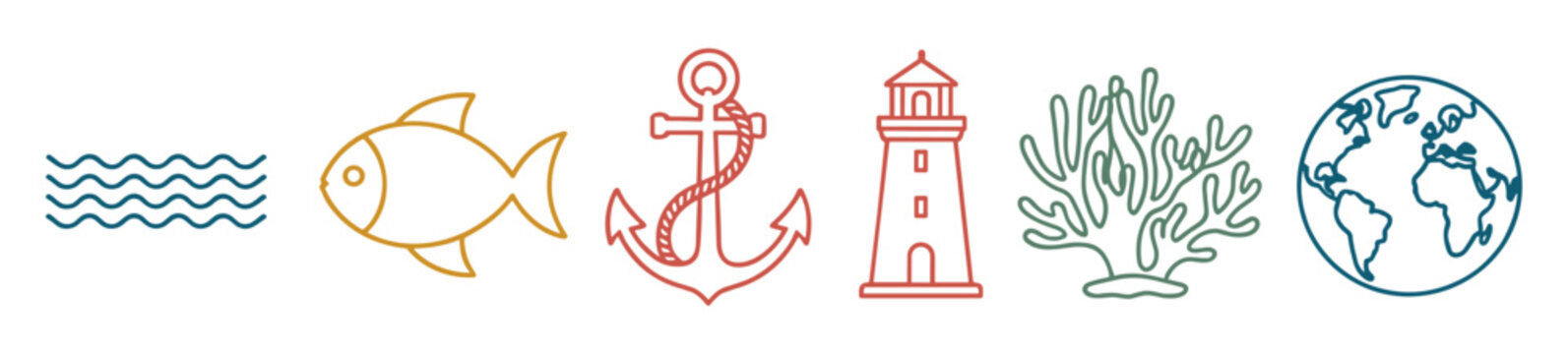 Minimalist linear icon set featuring ocean theme elements including water waves fish anchor lighthouse coral reef and planet earth sea life nautical