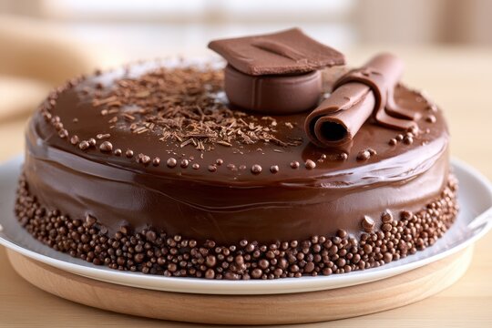Elegant chocolate cake for graduation with decorative toppings and warm soft lighting