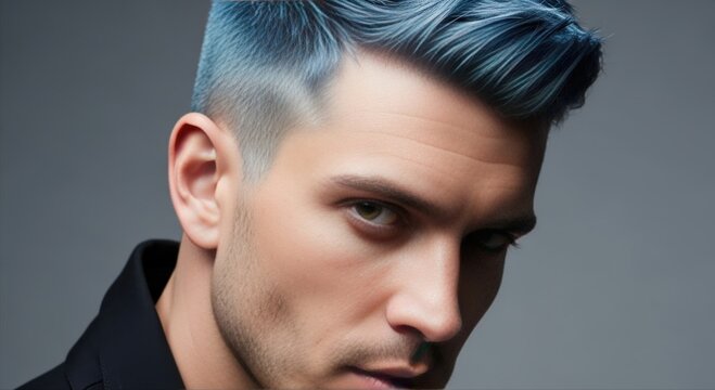 portrait of a man with a modern fade hairstyle dyed in vibrant blue, looking at the camera