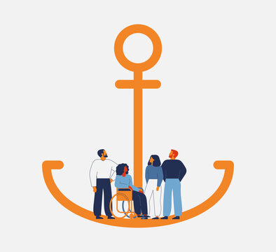confident group of business people standing side by side at an anchor. teamwork, stability, unity, and steady leadership. grounded workforce holding down a company. vector illustration