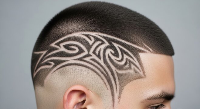 close-up of a man with an intricate tribal hair tattoo shaved into a fade hairstyle
