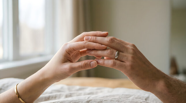 Close-up of a couple's hands gently touching, fingers intertwined with a wedding ring visible, conveying deep intimacy, love, and connection in a soft, natural indoor light near a window, symbolizing 