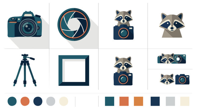 Photography Brand Identity Design with Raccoon Mascot and Icons