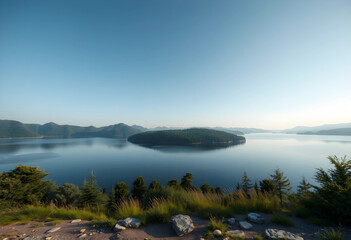 Fototapeta premium Panoramic view of a calm lake with forested island and mountains