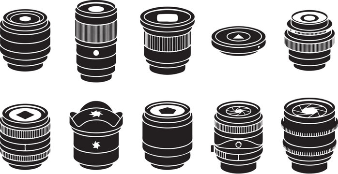 Set of camera lens icons, photography equipment vector silhouettes
