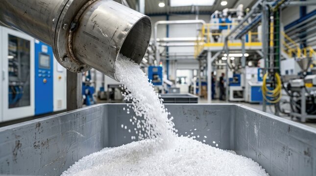 Plastic pellet production line granules flowing into container in industrial manufacturing facility