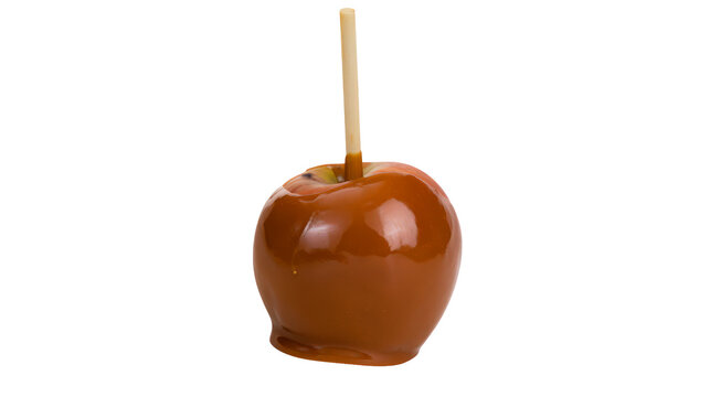 Single caramel apple on stick isolated on transparent background for png file format