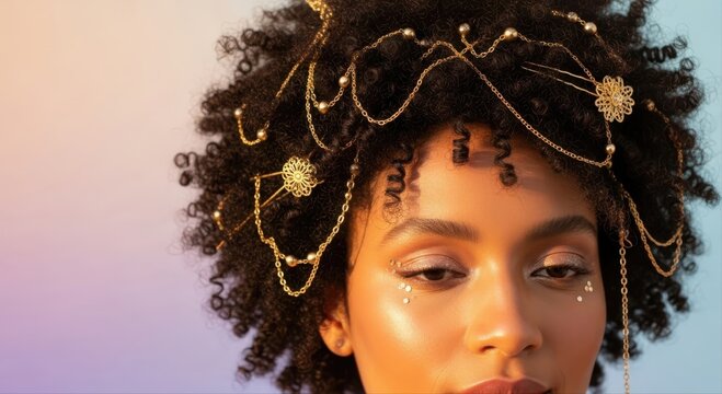 portrait of a woman with afro hair, gold chains, and facial gems