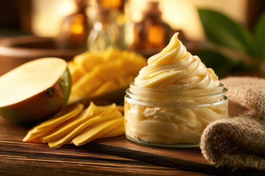 Gentle skincare display: mango butter and fresh mango in a warm, relaxing spa atmosphere