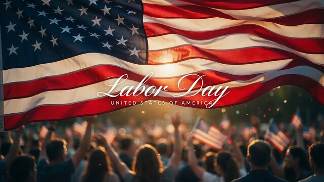 Labor day celebration with american flag and crowd of people
