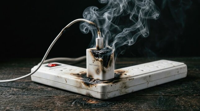 Damaged usb charger overheating in power strip electrical fire hazard and safety concern