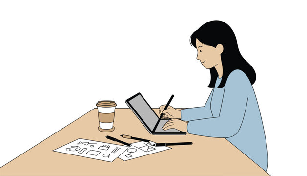 Woman sits at a desk working on digital illustrations on a tablet using a stylus while referring to printed sketches.