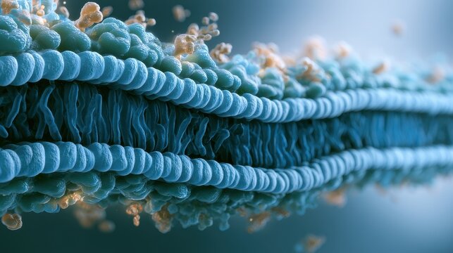 Educational 3D render of phospholipid membrane structure with hydrophilic heads and hydrophobic tails
