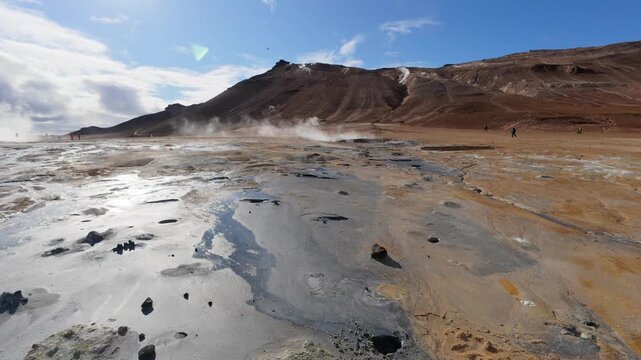 View of Hverir geothermal area in Iceland with visitors walking across steaming sulfur fields, colorful mineral ground, bubbling mud pools and rugged volcanic hills.