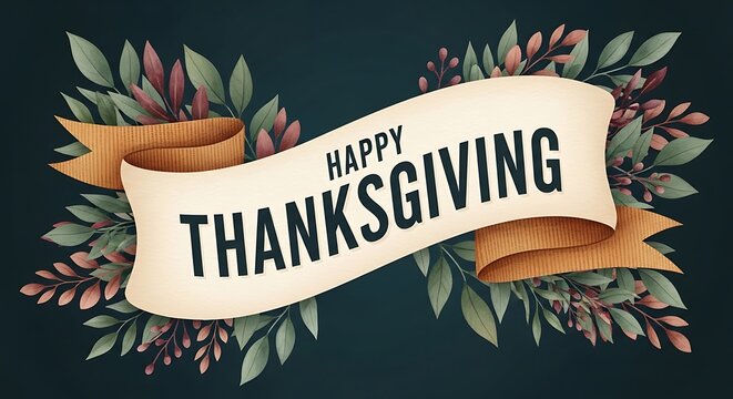 Festive thanksgiving banner with autumn foliage and ribbon design