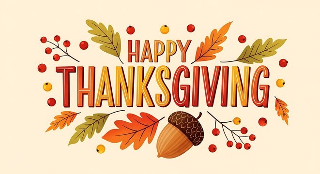 Festive thanksgiving typography with autumn leaves and acorn illustration